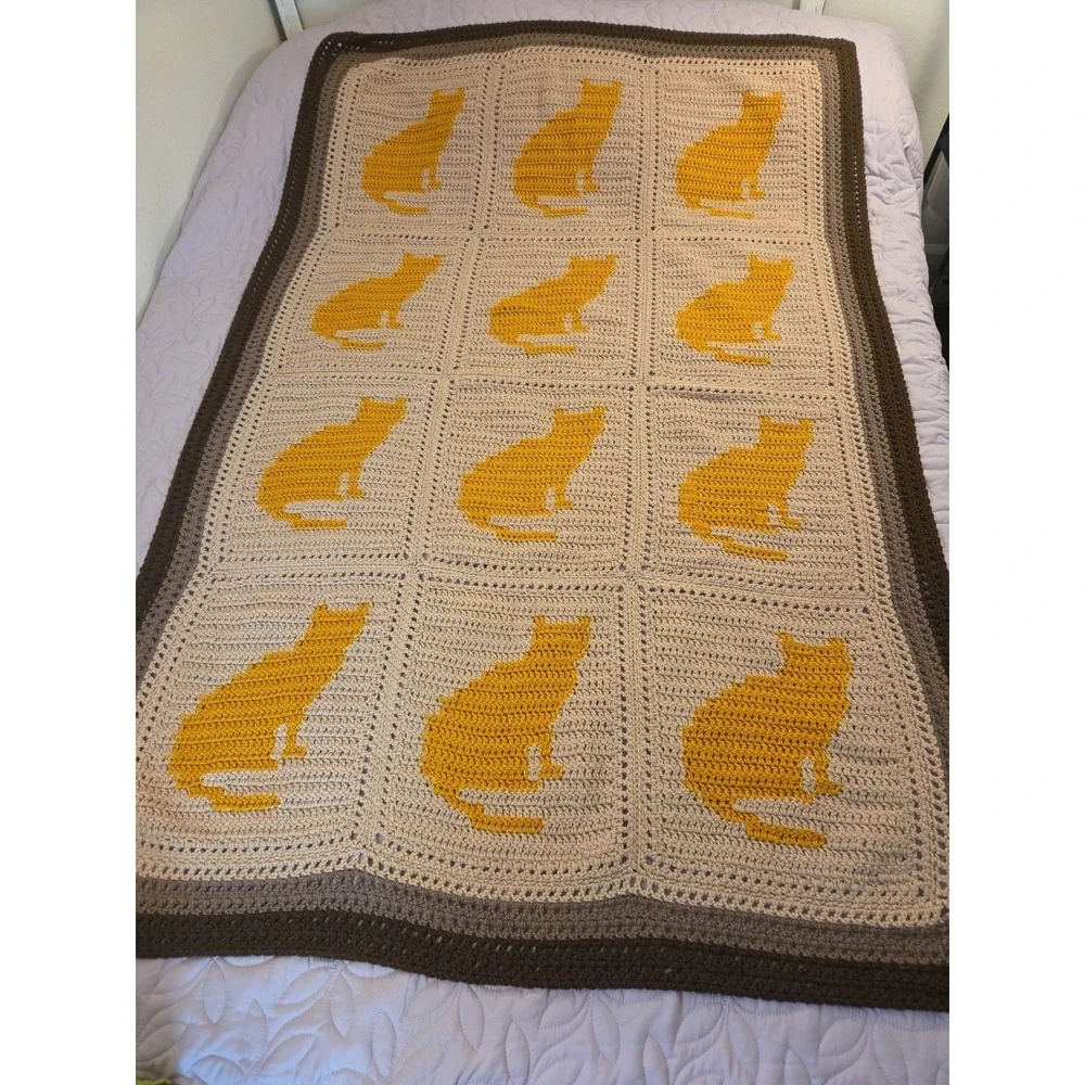 Handmade Sitting Kitty Throw Blanket Afghan Grandmacore Granny Chic